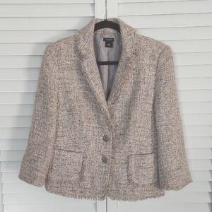 Ann Taylor Jacket, Lined, Two Buttons, Gray‎ Taupe, CC Style Tweed w Fringe